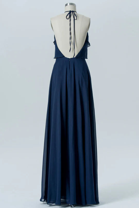Vestido de dama de honor con volantes y escote halter